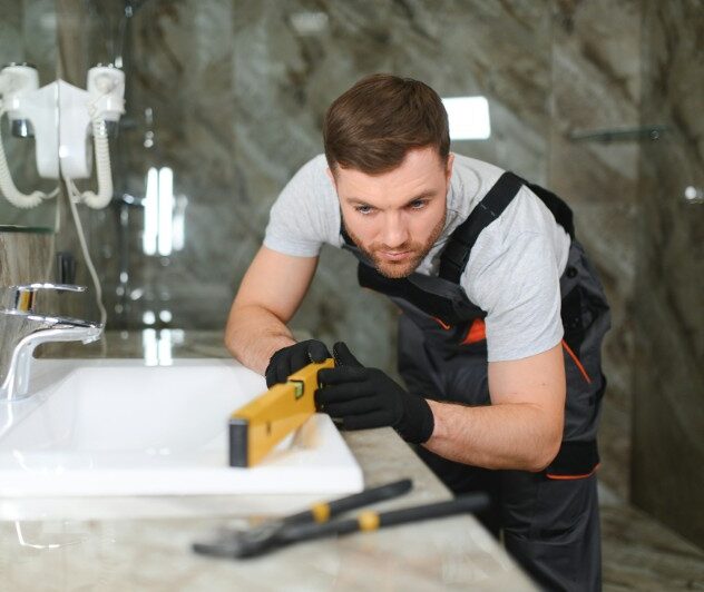 plumber installing sink in bathroom