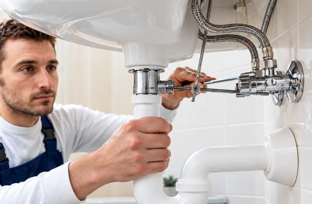 Plumber repairing under-sink plumbing