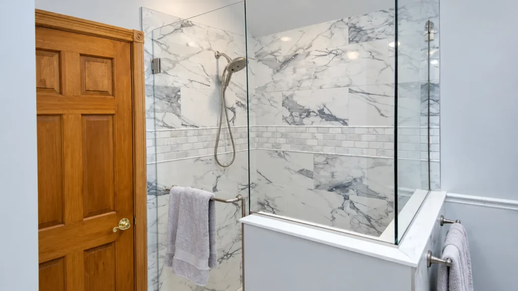 Accessible bathroom with a curbless glass shower in a Richmond, VA home